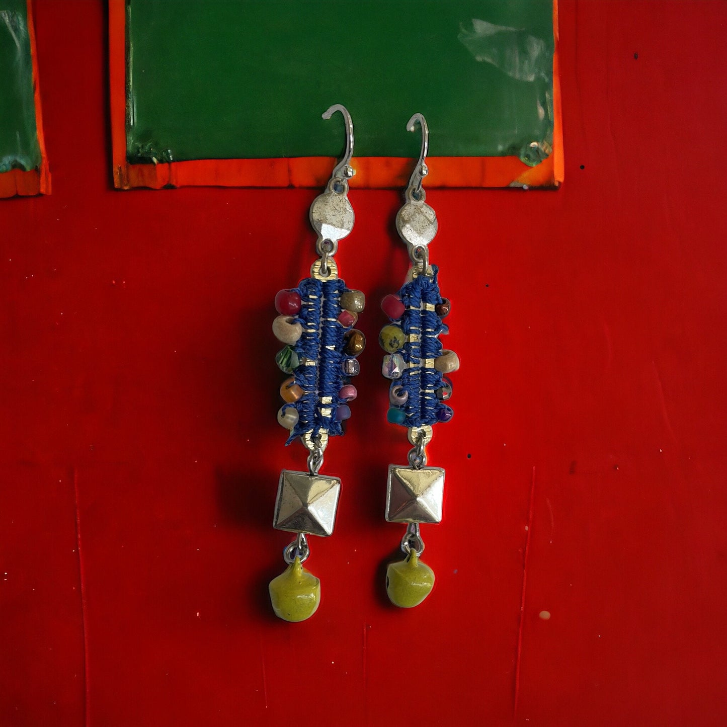 Mixed material collage earrings - metal, string, glass, and mustard yellow tiny bells