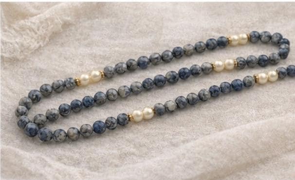 Long Blue Sodalite & Faux Pearl Necklace 32” Vintage Beaded Strand Gold Spacers Layering Statement Jewelry