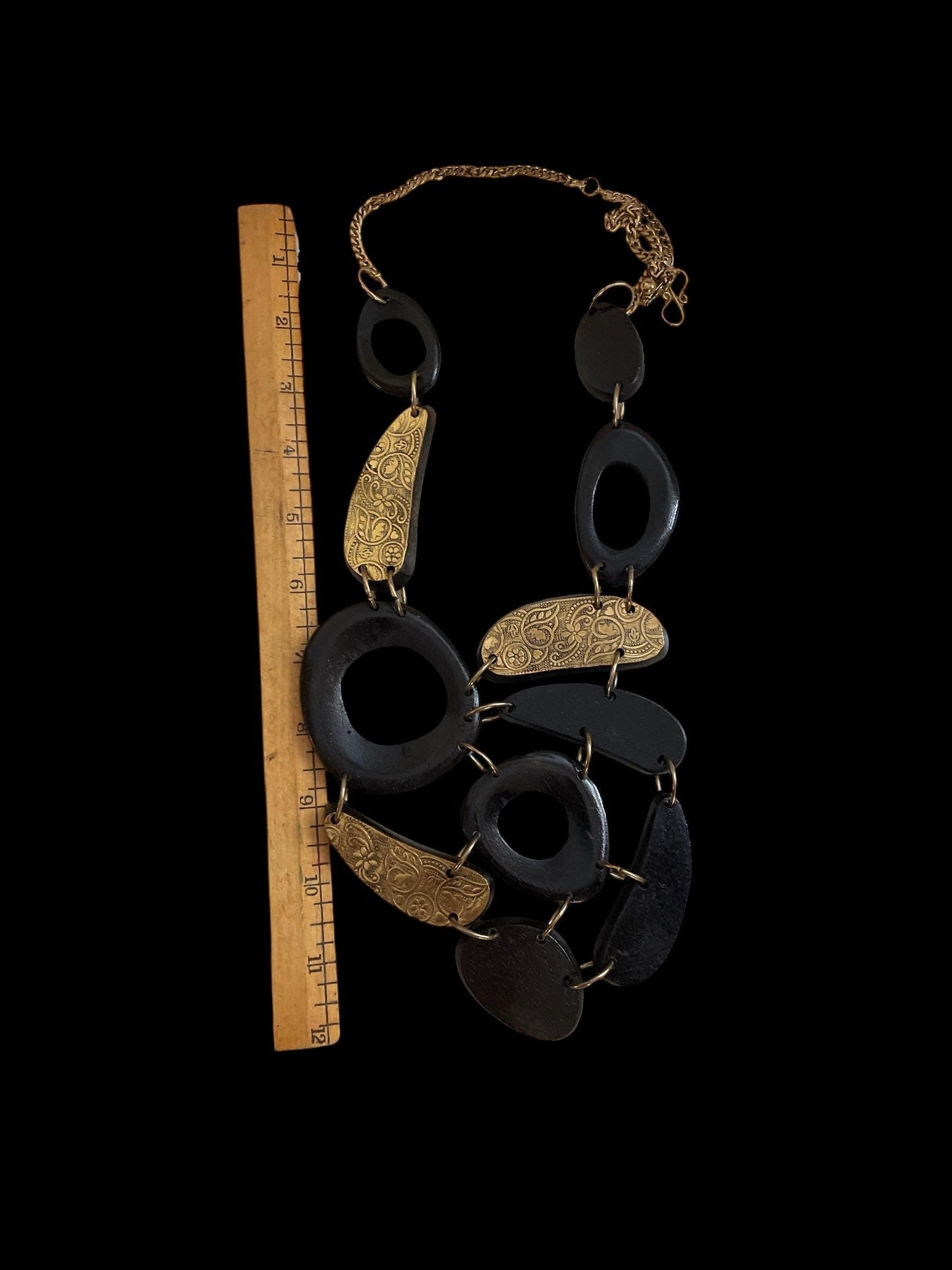 Vintage Wood Statement Necklace | Large Mixed Wood and Brass Tone Links | Boho Artisan Style Necklace | Chunky Wood Jewelry