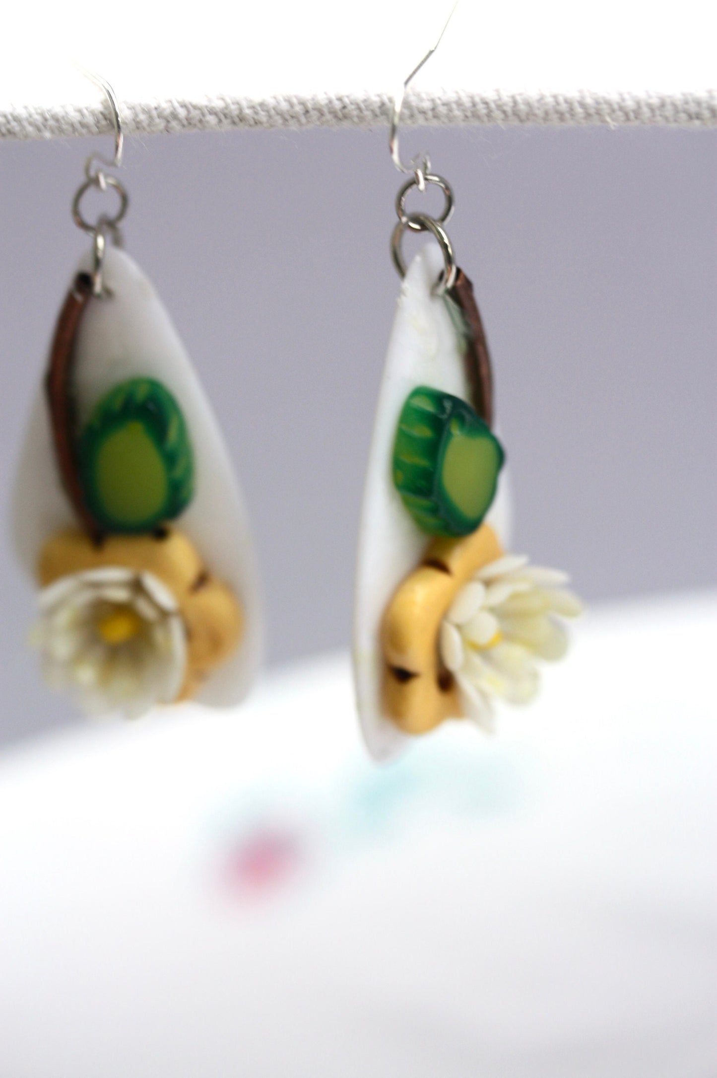 Unique Beadwork collage daisy flower earrings with sterling silver ear wires