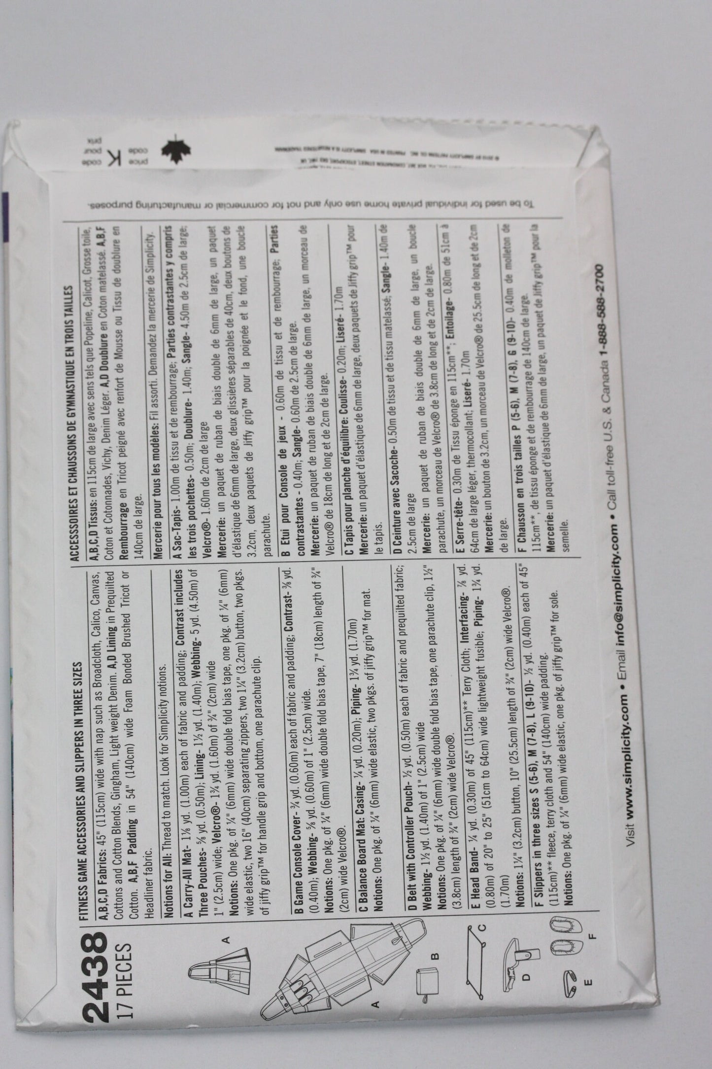 UNCUT Sewing Pattern - Simplicity 2438 Fitness Game Accessories and Slippers Carry-All, Balance Board Mat, Belt with Controller Pouch / more