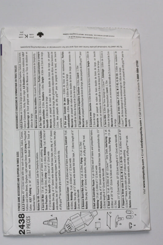 UNCUT Sewing Pattern - Simplicity 2438 Fitness Game Accessories and Slippers Carry-All, Balance Board Mat, Belt with Controller Pouch / more