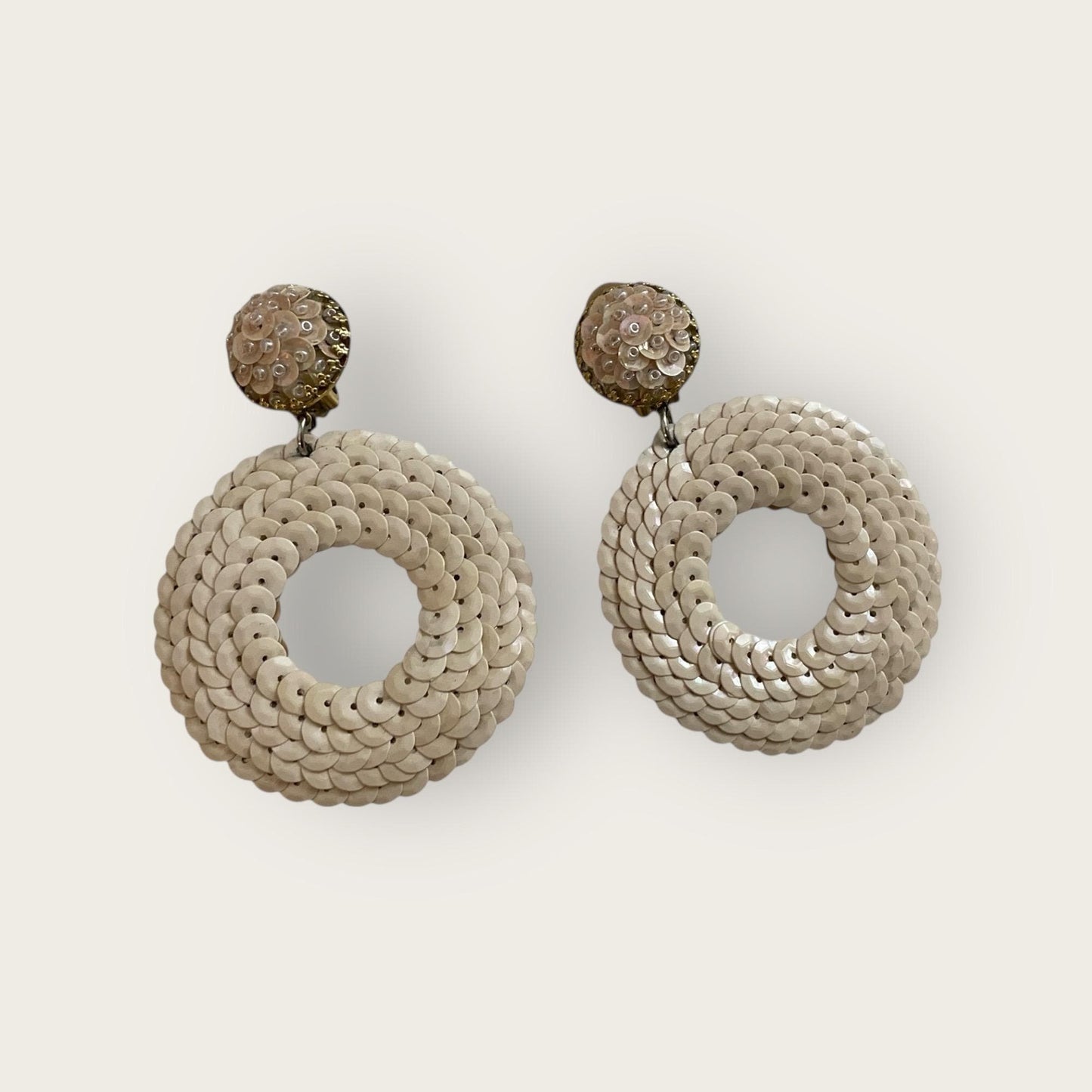 Vintage Cream Sequined Clip-On Hoop Earrings – 3" Statement Dangles Glam