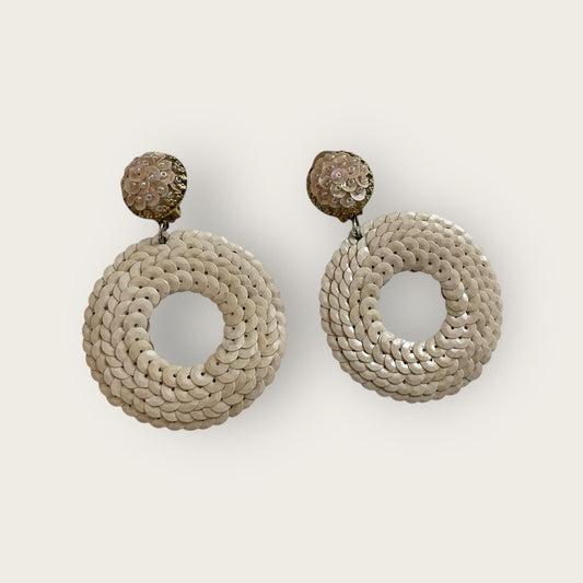 Vintage Cream Sequined Clip-On Hoop Earrings – 3" Statement Dangles Glam