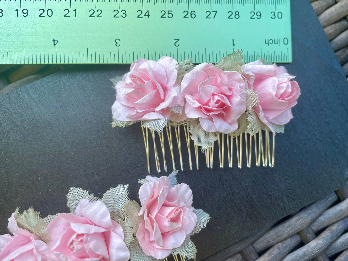 Pink faux flower hair combs - 1 pair