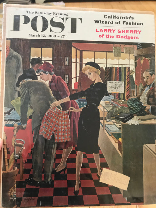 RARE - Saturday Evening Post - Original Cover - March 12, 1960 - woman shopping, Bermuda shorts