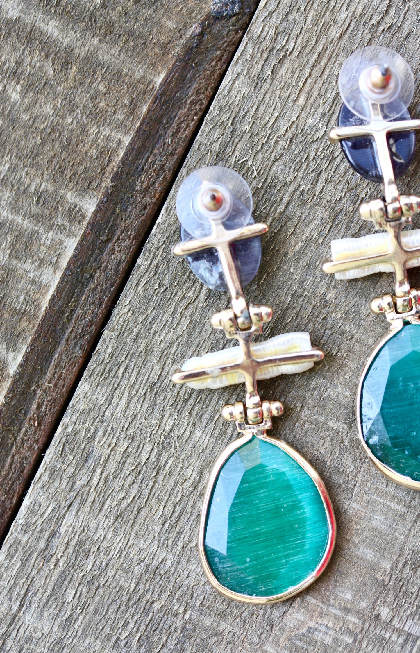 Stunning and unique glass and pearl unsigned vintage earrings - purple amethyst?, turquoise and pearly white