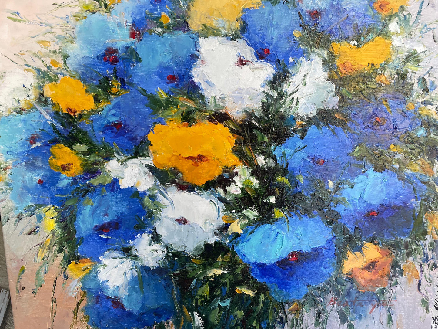 Original Signed Abstract Floral Painting – Large Blue & Yellow Impasto Flowers, Hand-Painted Textured Canvas Art