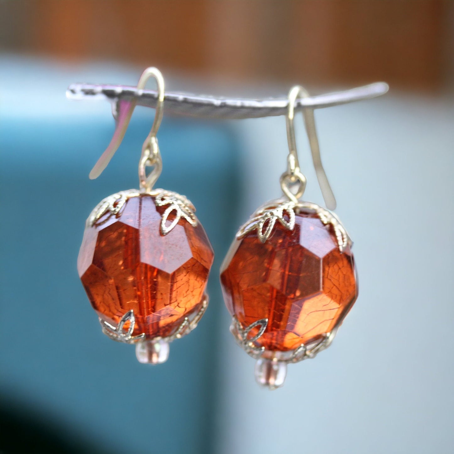Simple gold faceted crystal dangle earrings with upcycled vintage gold leaf bead caps