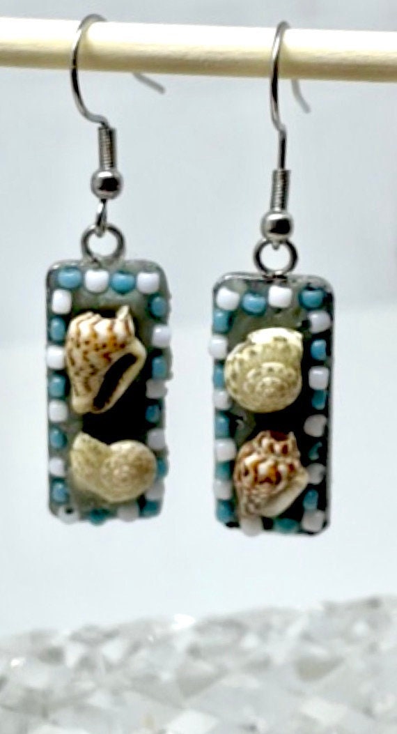 Small mosaic tile beach themed shell and glass blue and white small (1 inch) handmade dangle earrings