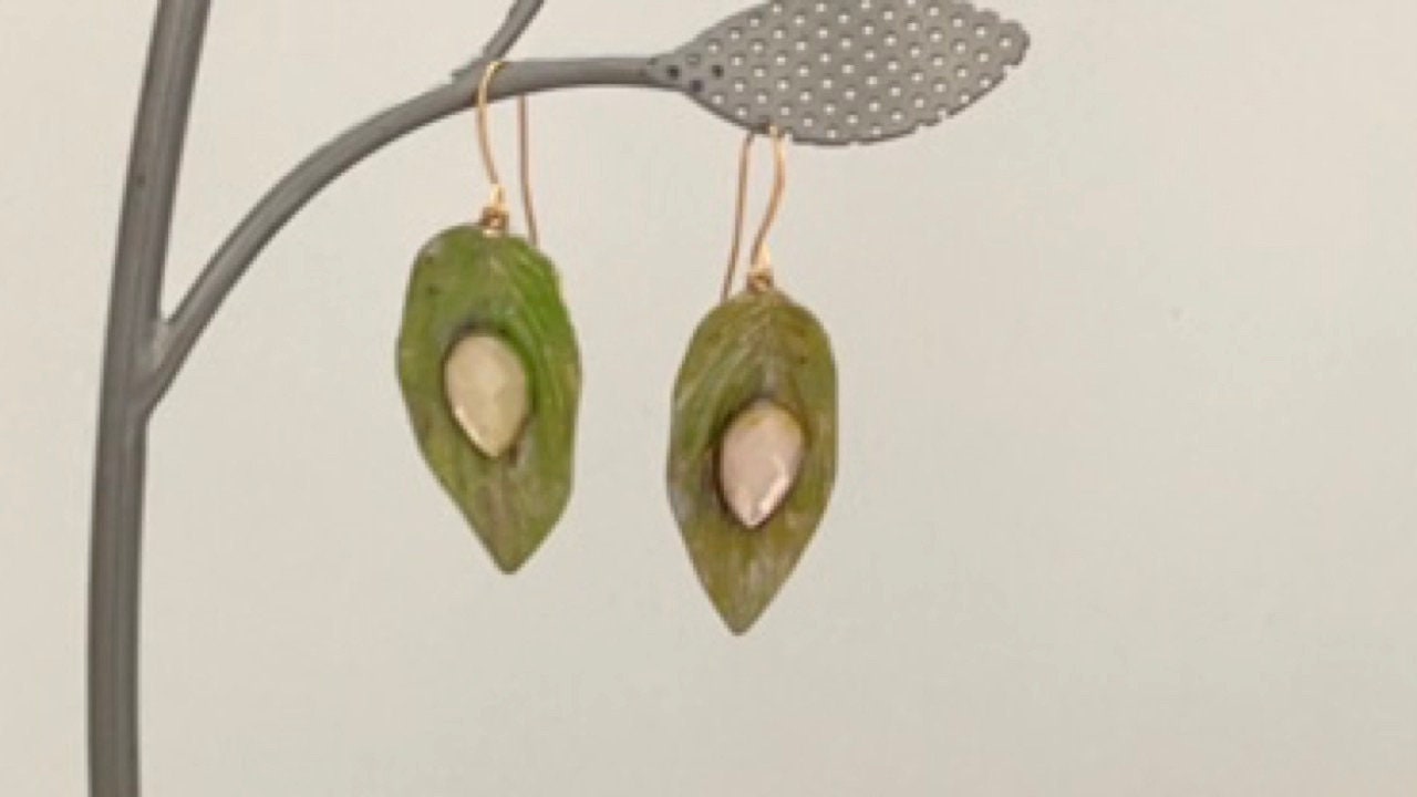 Handmade dangle earrings - Hand painted upcycled vintage leaf earrings with inlaid light pink cabochan