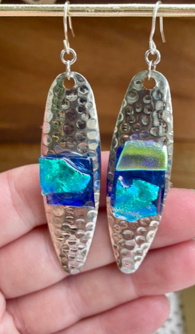 Hammered metal with dichroic glass mixed media earrings