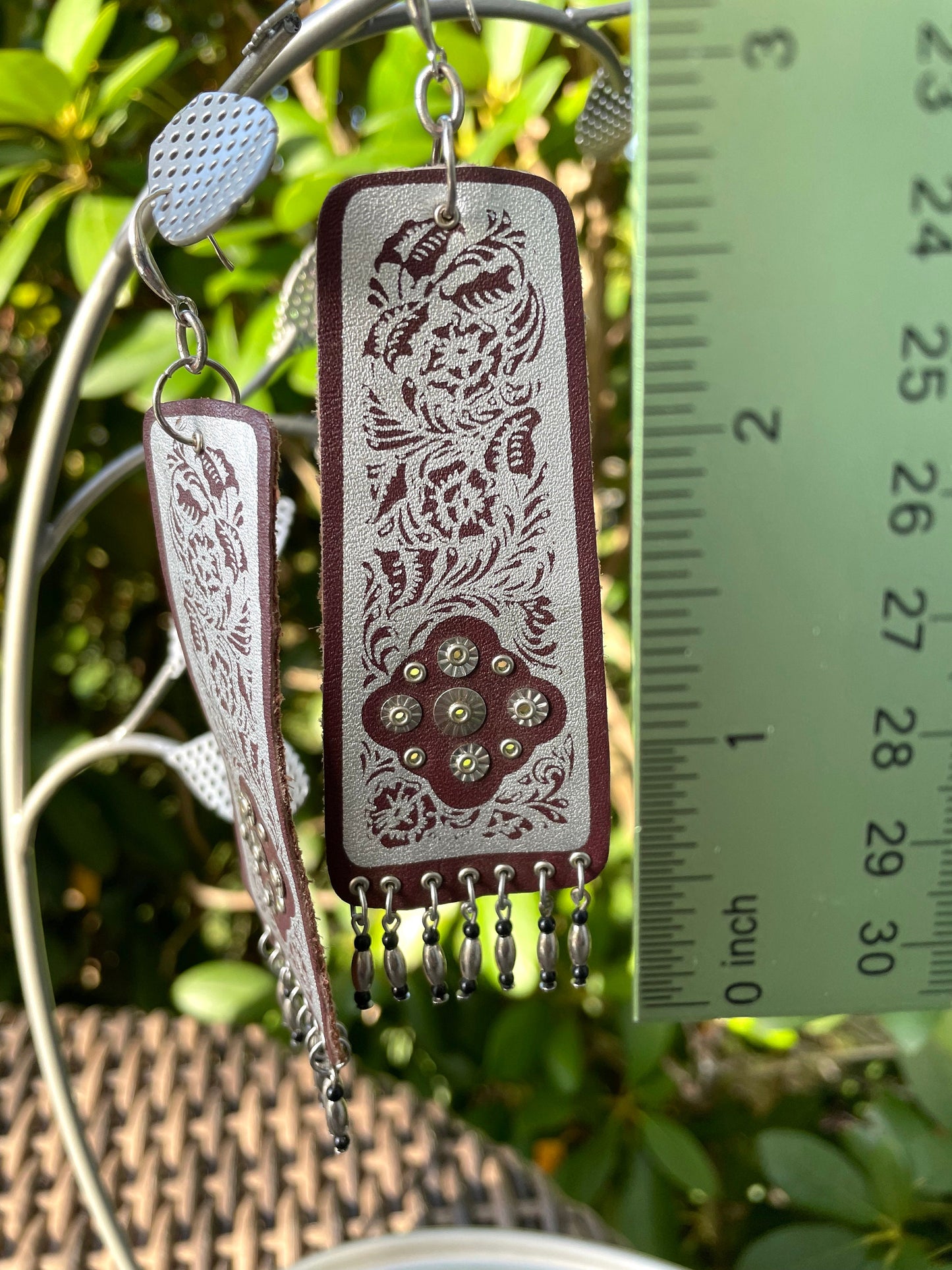 Unique vintage artisan handmade leather dangle earrings