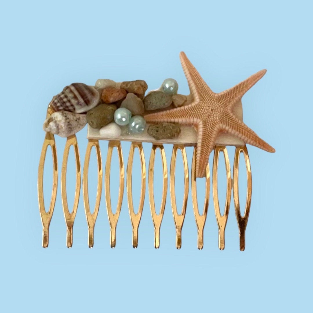 Stunning beach themed hair comb - starfish, stones, shells, faux pearls on goldtone metal