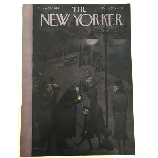 The NEW YORKER Magazine original cover - January 20, 1940 - Christina Malman - Man lighting cigarette on dark street