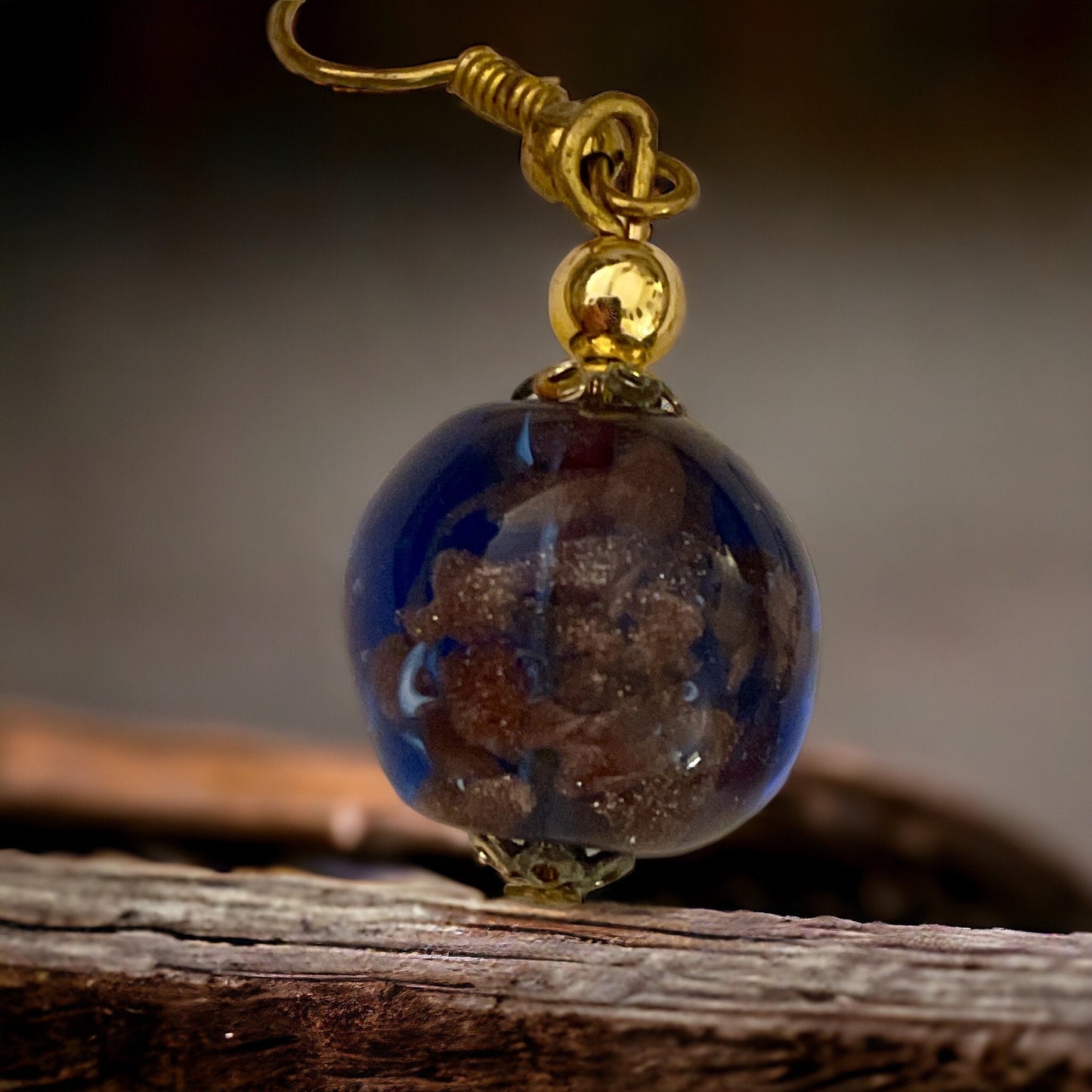 Blue and gold speckled glass vintage dangle earrings