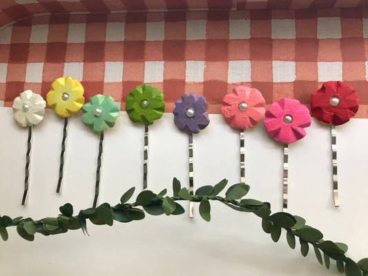 Colorful hair Pins - Carved Hawaiian vintage wooden flowers, handpainted and repurposed / upcycled
