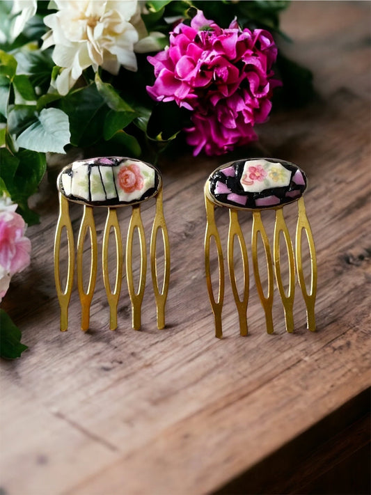Pair of one-of-a-kind handmade mosaic hair combs with upcycled pieces of vintage dishes