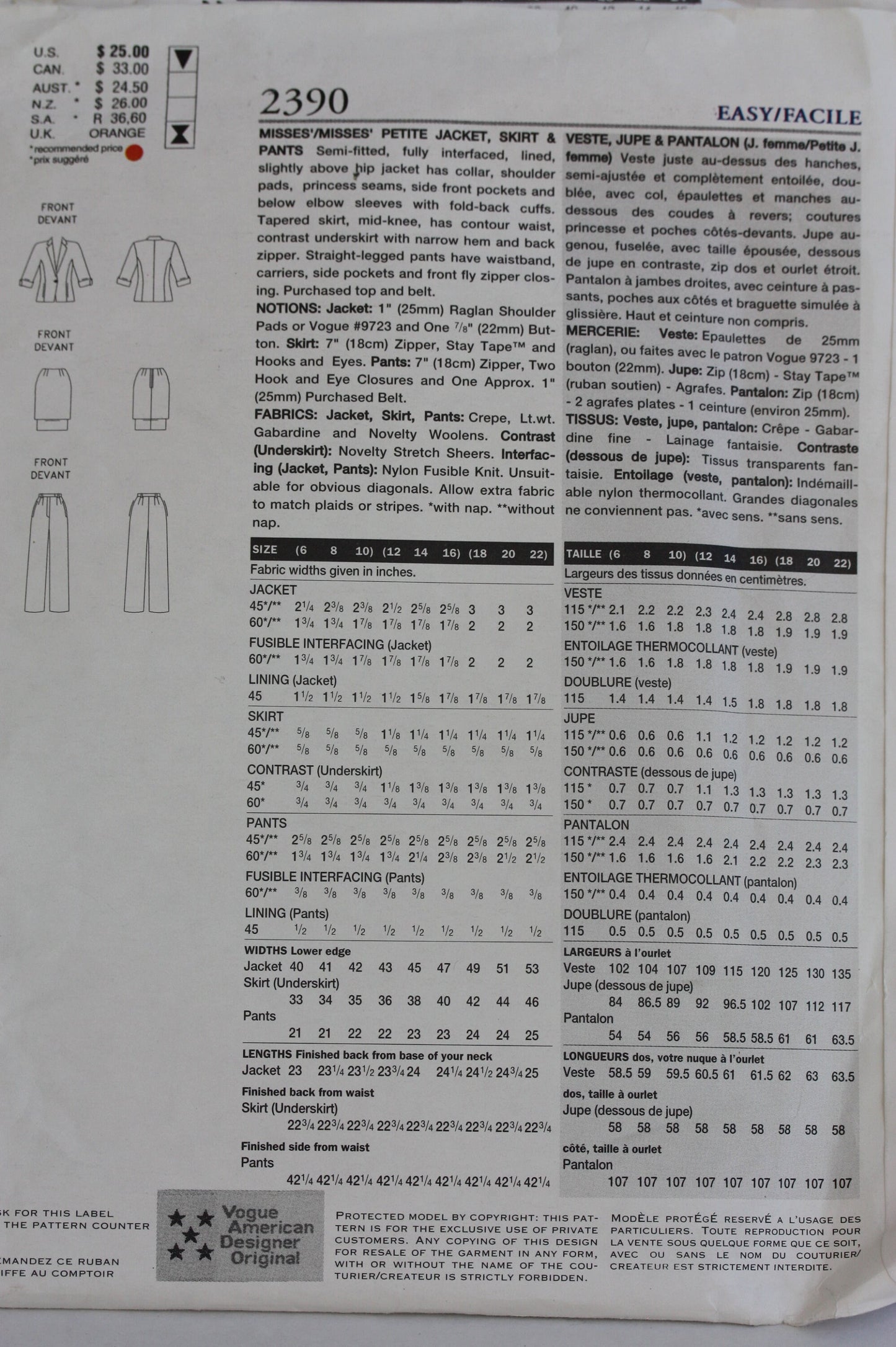 UNCUT Sewing Pattern -  Vogue American Designer pattern 2390 - Anne Klein - Jacket, Tiered Skirt and Pants - Sizes 12, 14, 16
