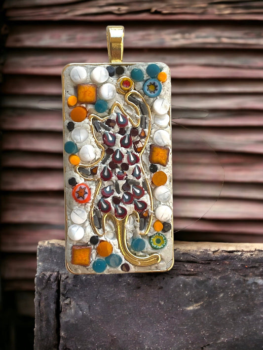 Handmade mixed material micro mosaic cat necklace - made from hand cut millefiori glass and tiles