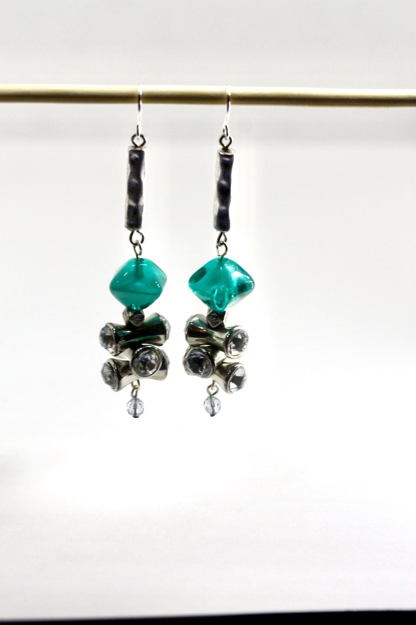 Handmade dangle earrings - sterling silver ear wires, turquoise glass, rhinestone vintage beads, crystal drops, hammered silvertone bars