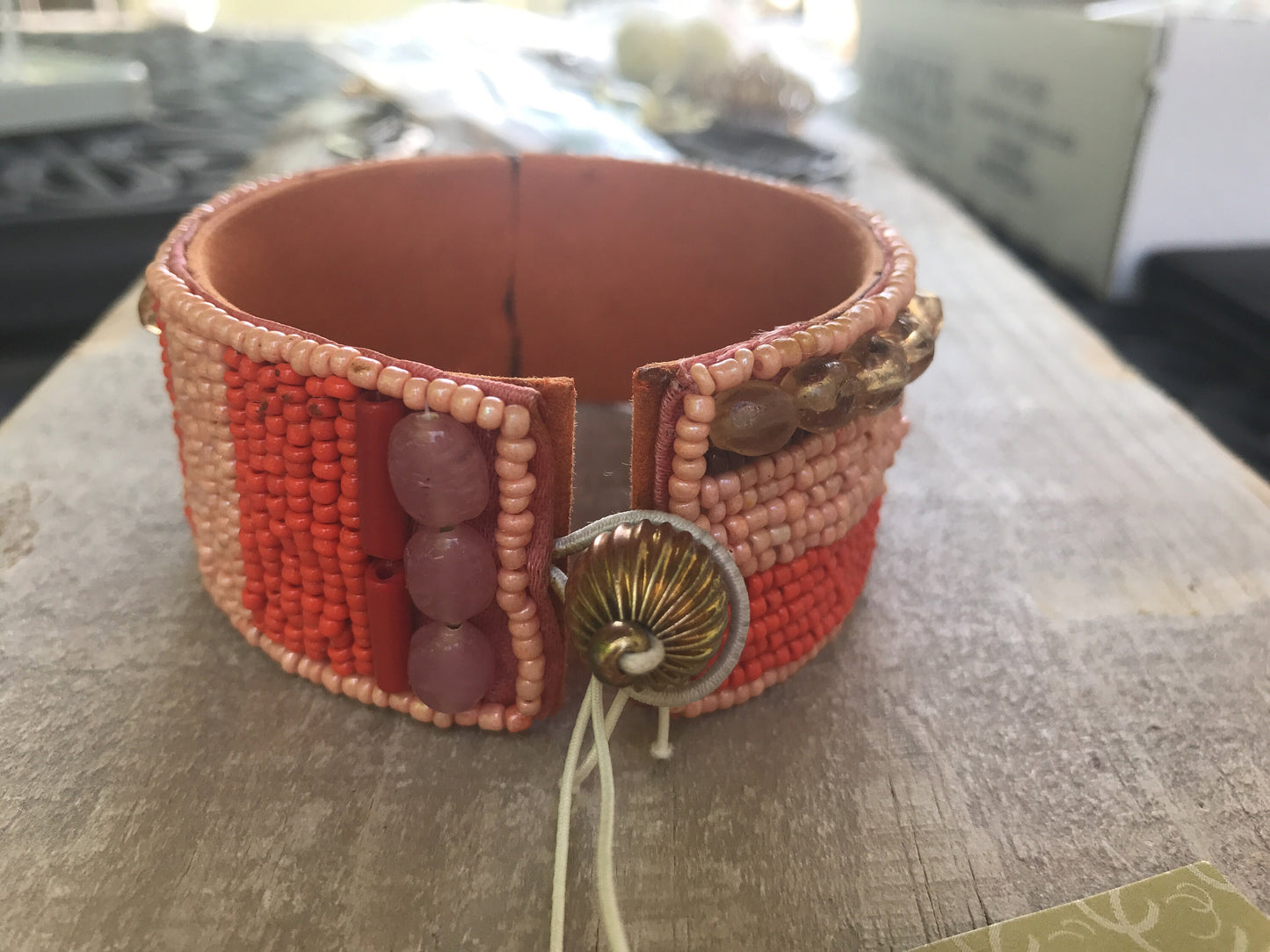 Stunning and unique vintage seed bead and mixed material vintage bracelet - shades of orange and brown - made by Sally C