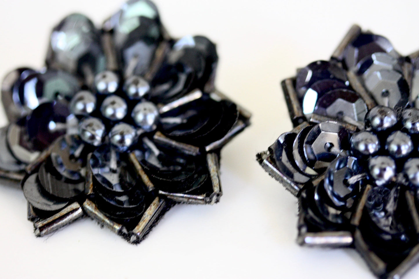 Vintage black sequin, black faux pearl and matching beadwork handmade floral fabric earrings