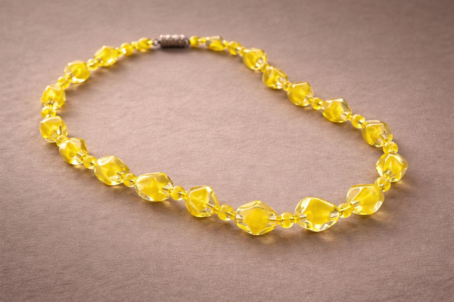 Vintage 1950s Czech Cased Glass Necklace – Bold Yellow & Clear Mid Century Art Glass Statement Beads