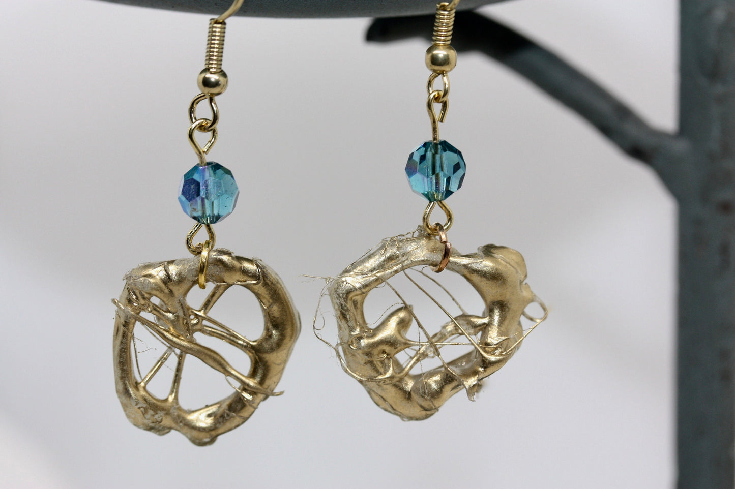 Lightweight faux metal unique free form handmade goldtone dangle earrings with AB blue crystals