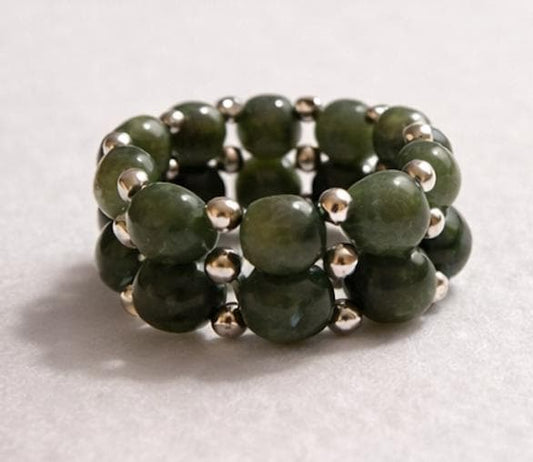 Vintage Green Stone Beadwork Ring • Natural Jade Nephrite Style • Statement Ring • Artisan Beadwork • Boho Minimalist Jewelry