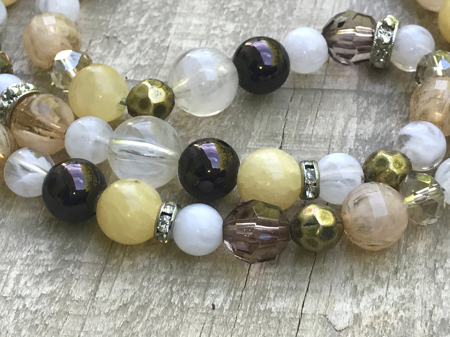 Long vintage beaded necklace - mixed material - swirled glass, crystal, metal, rhinestone, spacers