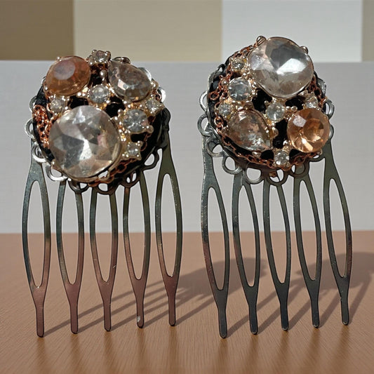 Handmade Jeweled Hair Combs – Vintage-Inspired Champagne and clear rhinestone Hair Accessories, Bridal or Evening Hairpiece (Set of 2)