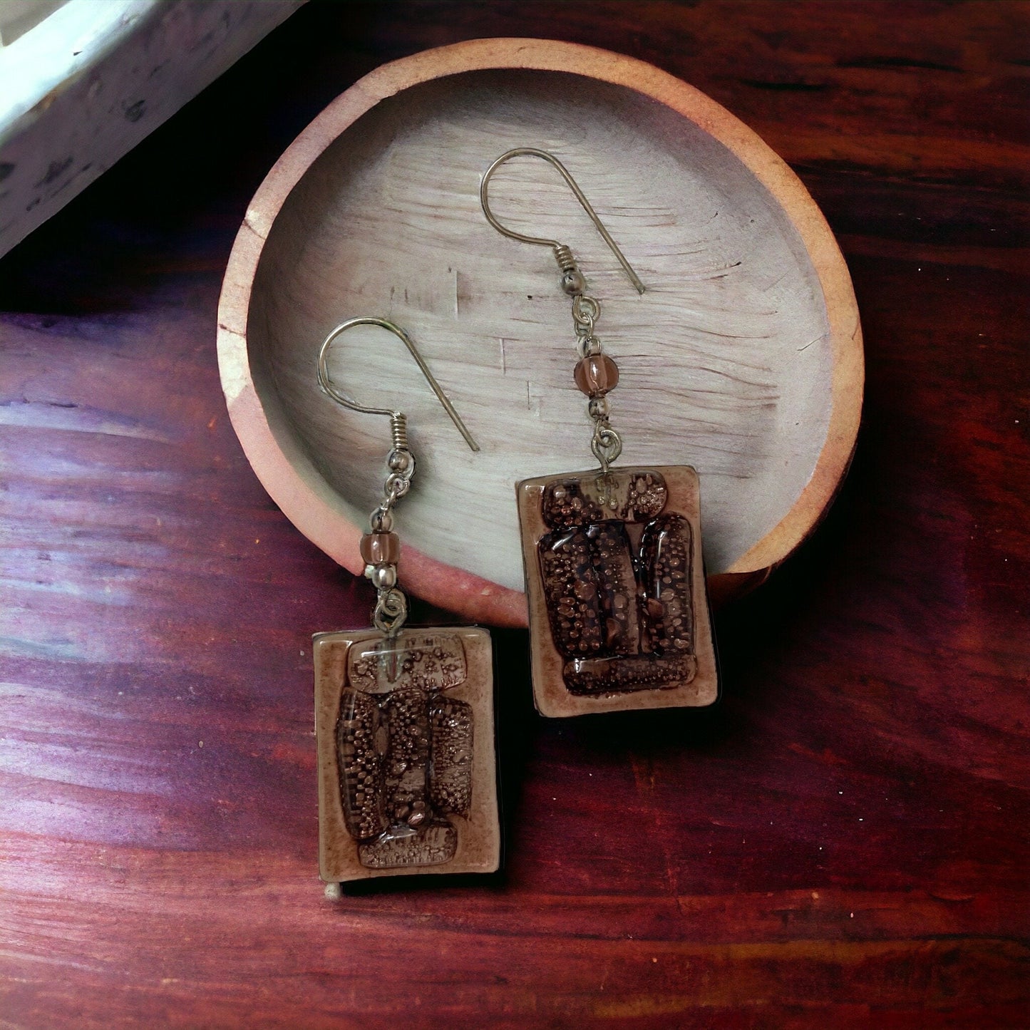 Unique artisan fused glass rectangular dangle earrings