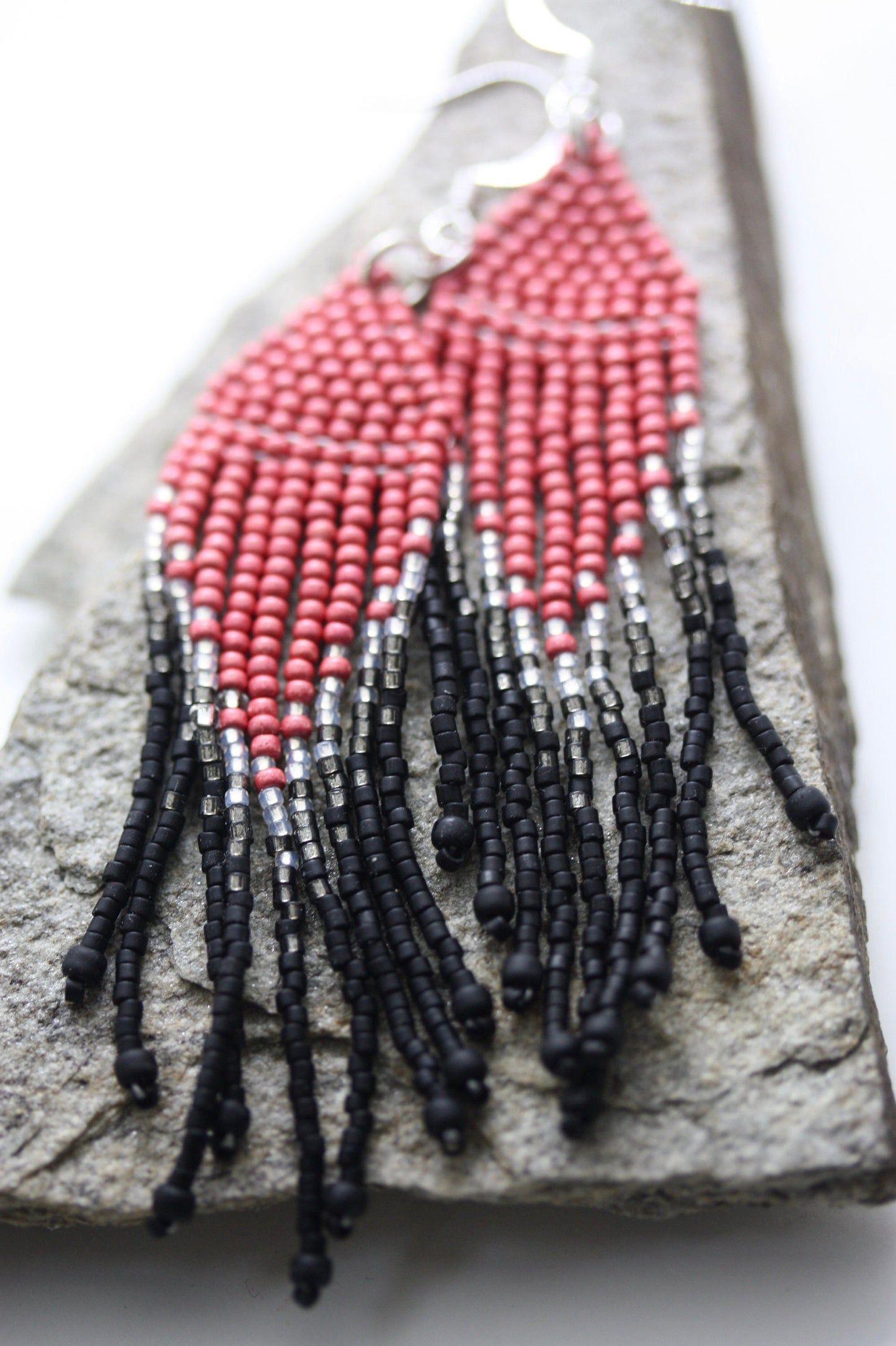 Hand beaded Native-American-Style stunning dangle beadwork earrings - pink, silver and black