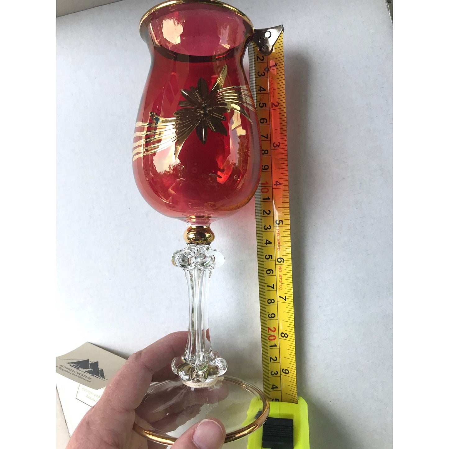 6 Fine Egyptian Museum cranberry mouth blown wine glasses, gold starburst - great for Christmas