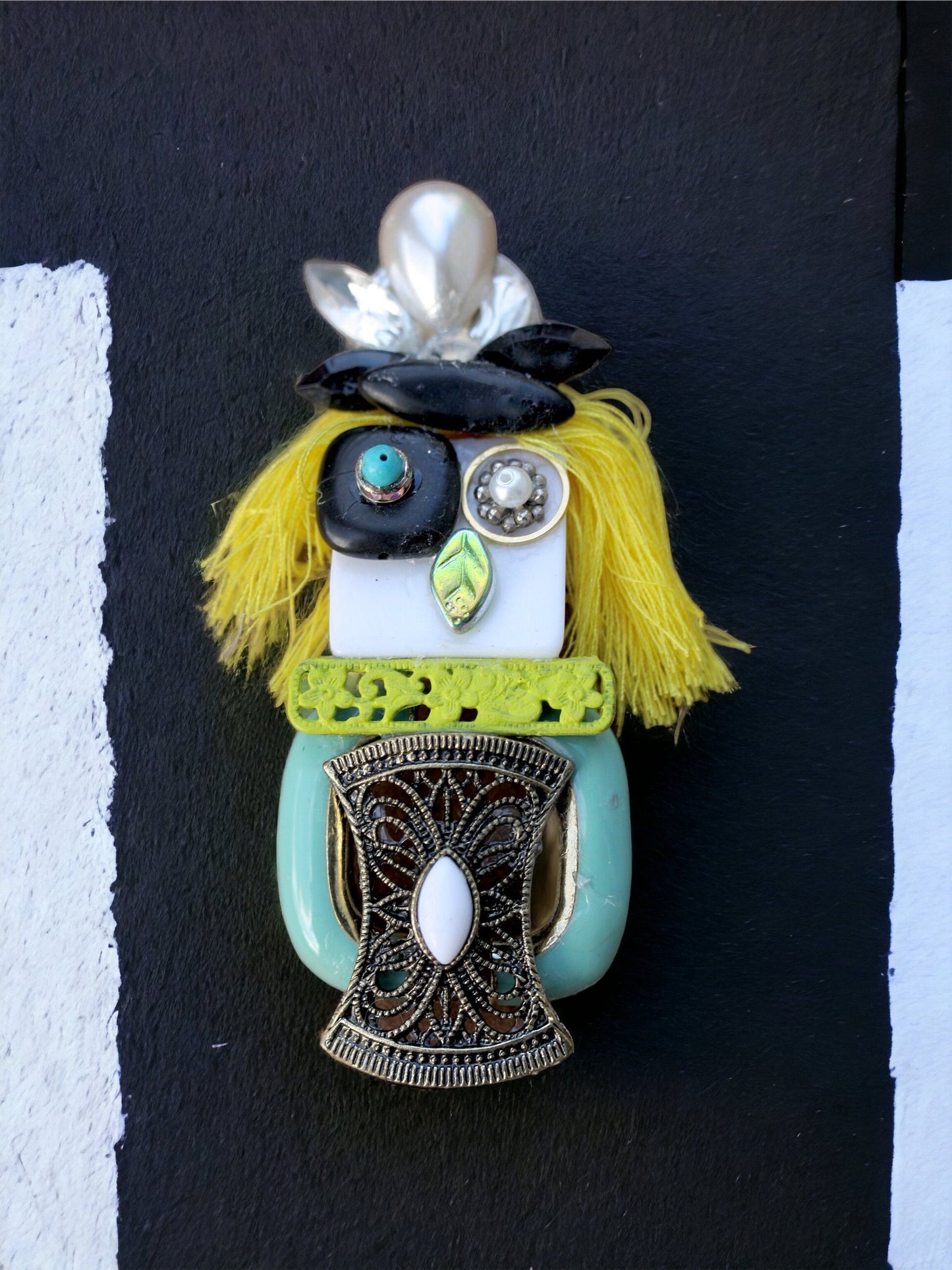 Meet "Abstract Bird Woman" - Assemblage art / mixed media collage - magnet or pin