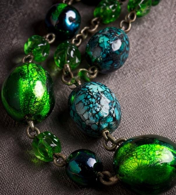 Vintage Emerald Green Glass Necklace, 3 Strand Art Deco Style Statement Necklace, Foil Glass & Turquoise Look Synthetic Beads