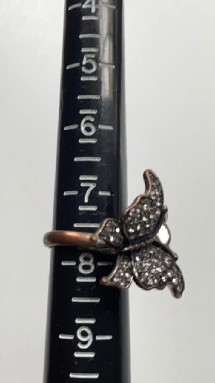 Stunning butterfly on flower vintage ring - loaded with rhinestones