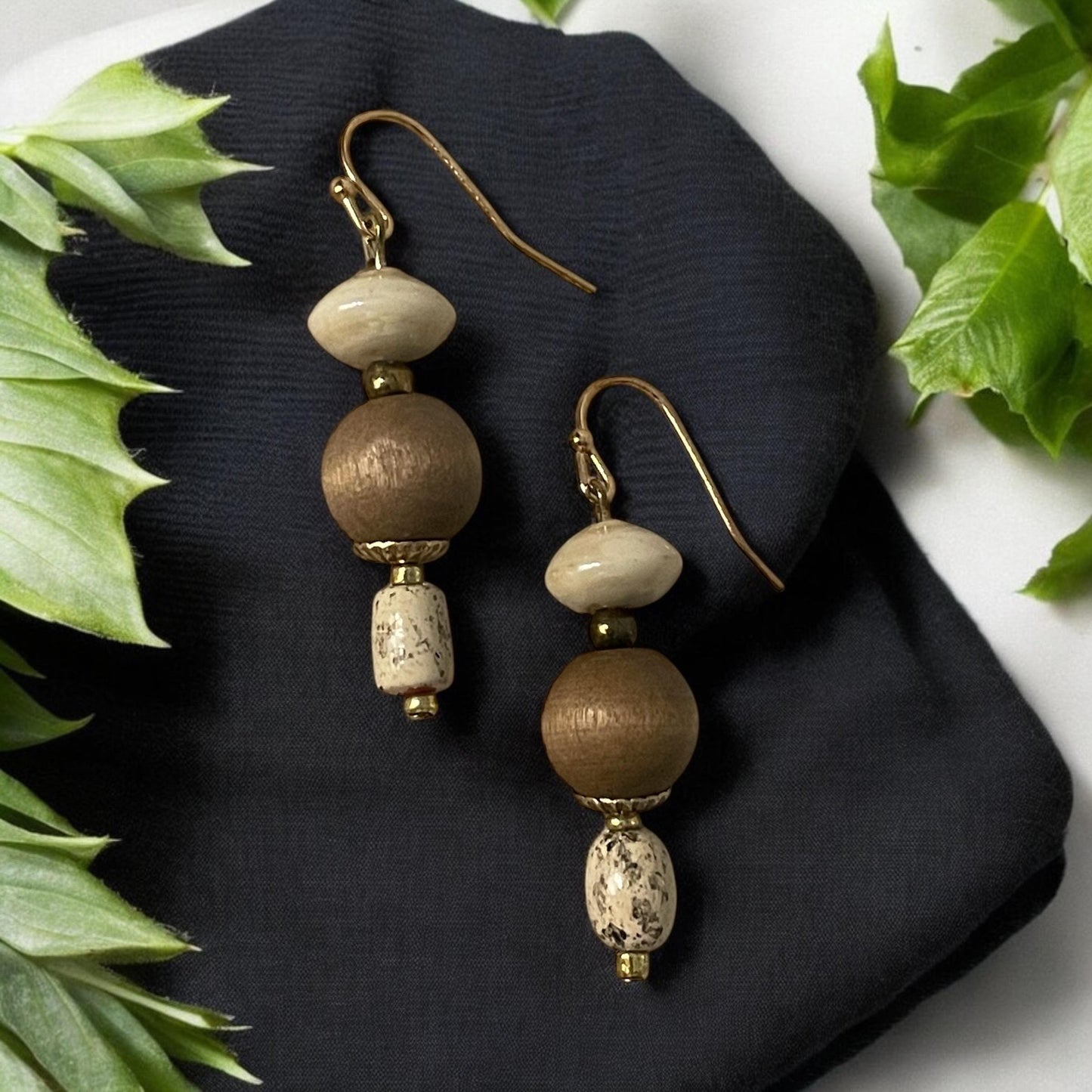 Wood, marble and glass dangle earrings