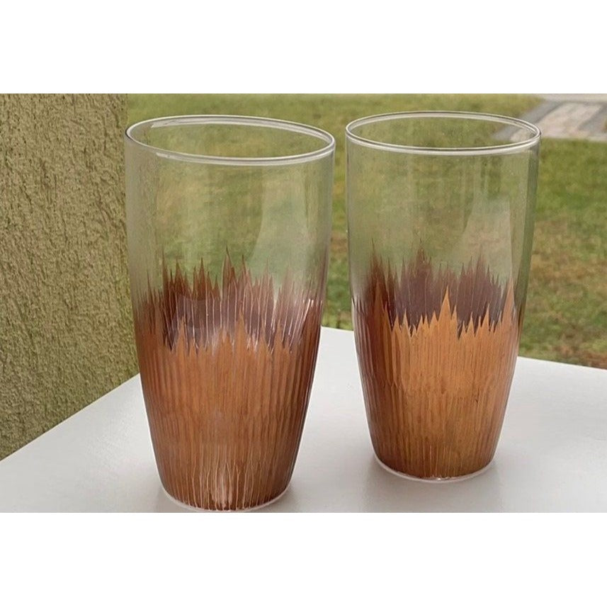 Pair of Qualia lava gold etched drinking glasses - 6" tall - heavyweight