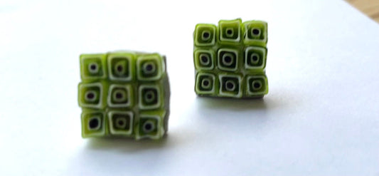 Small handmade lime green squares micro mosaic glass half-inch stud earrings