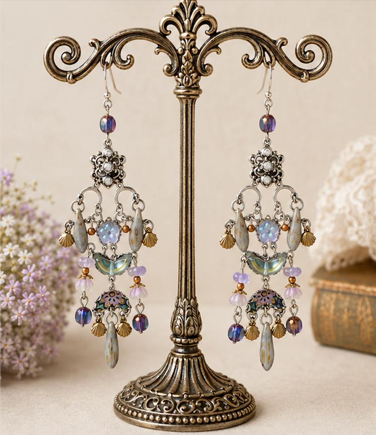ONE OF A KIND Wearable Art Chandelier Earrings | Czech Glass, Vintage Rhinestones, Silk & Mixed Metal Statement Earrings