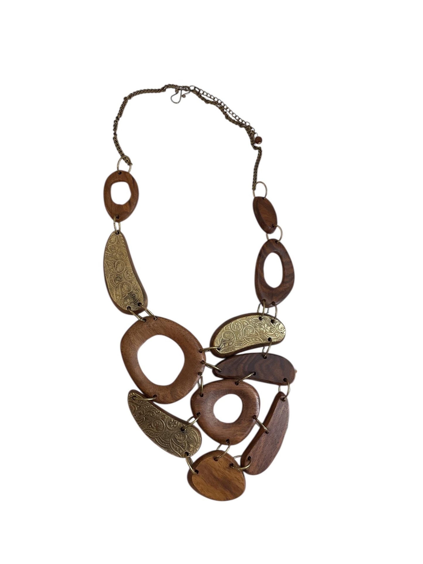 Vintage Wood Statement Necklace | Large Mixed Wood and Brass Tone Links | Boho Artisan Style Necklace | Chunky Wood Jewelry