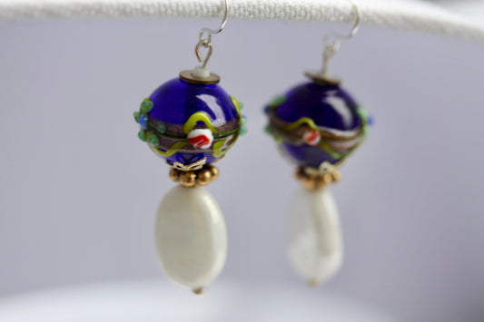 Cobalt blue Birthday cake vintage art glass earrings with white oval vintage glass