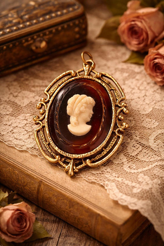 Vintage Reversible Cameo Pendant, Victorian Revival Mirror Necklace, Large Ornate Gold Tone Statement Jewelry