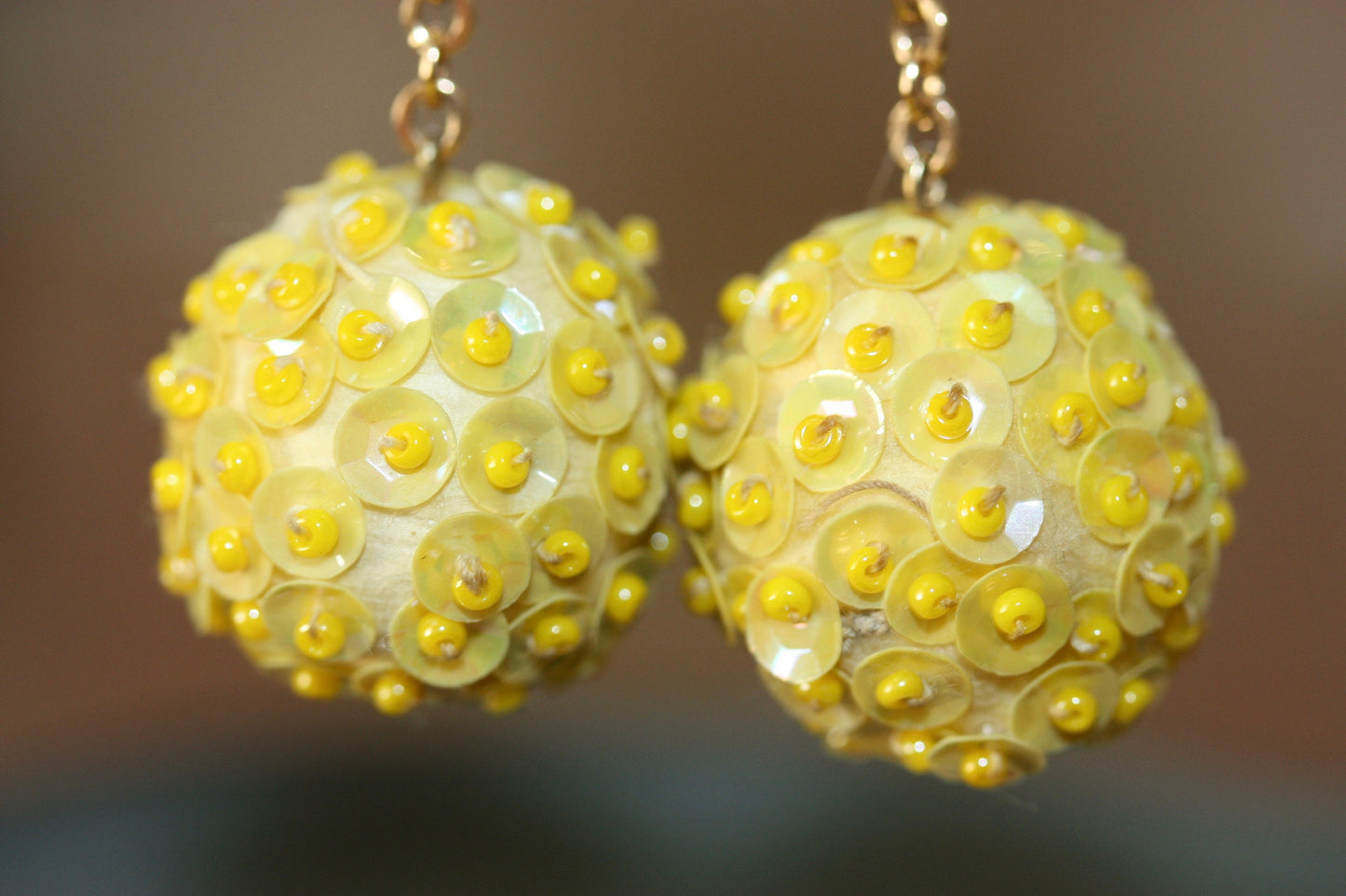 Upcycled yellow sequined ball drop earrings