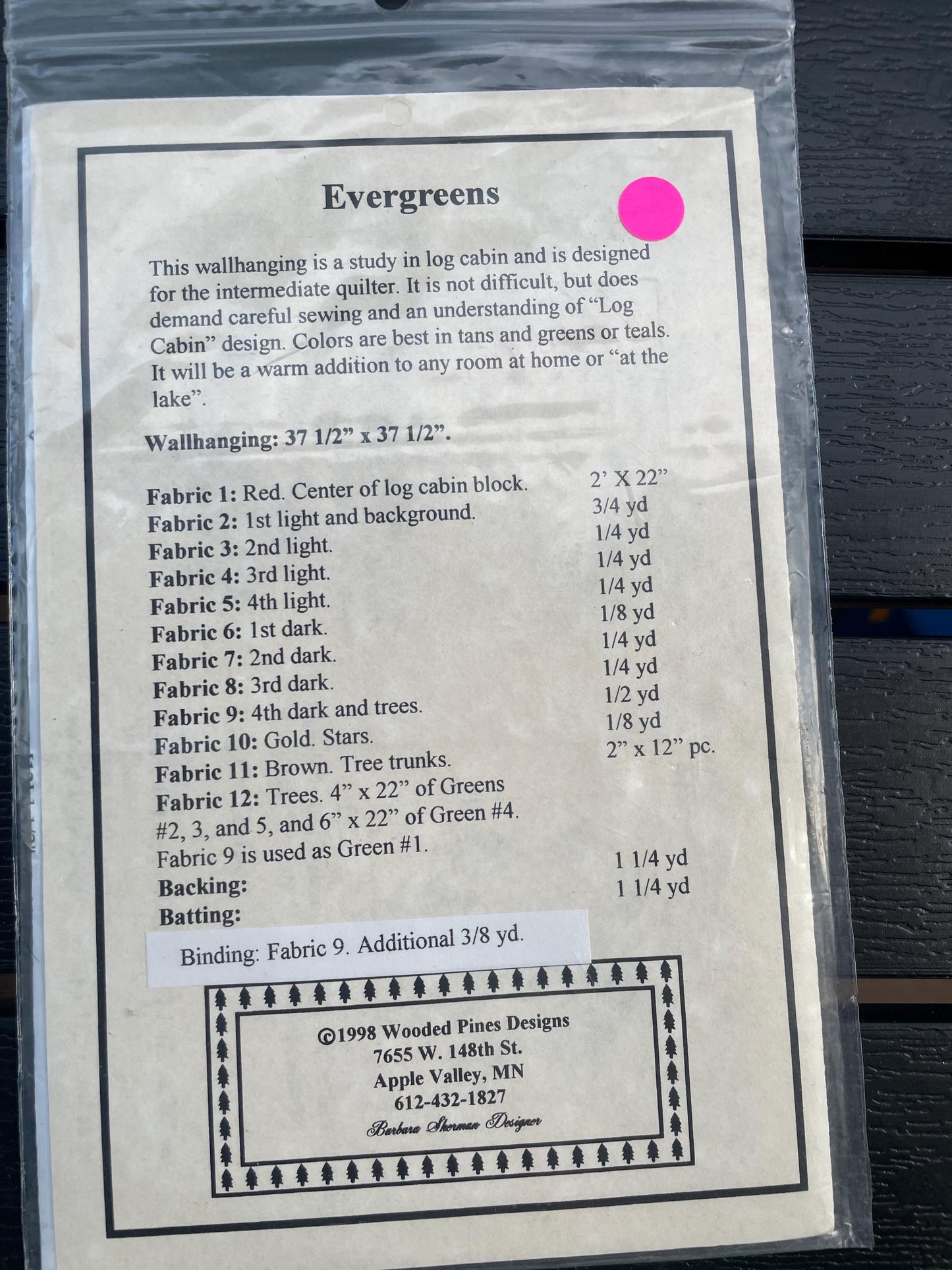 RARE UNCUT Sewing Pattern - Wall Hanging Wooded Pines Designs ~ "Evergreens" 37.5 x 37.5" Wall hanging pattern (#606WPD) 1998