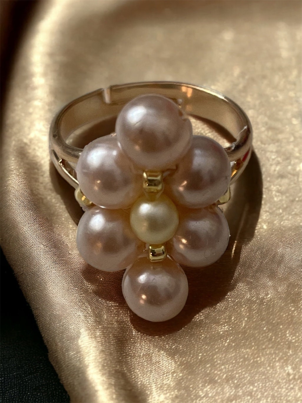 Adjustable ring handmade with pale pink and cream faux pearls