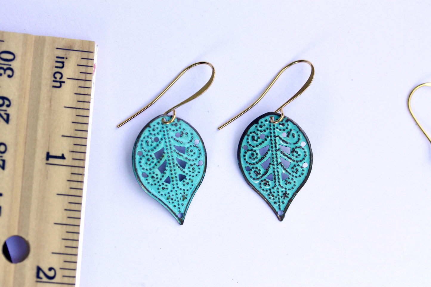 Turquoise patina upcycled dangle leaf earrings