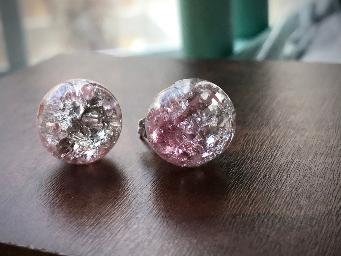 Pink shades of crackle glass upcycled vintage stud earrings